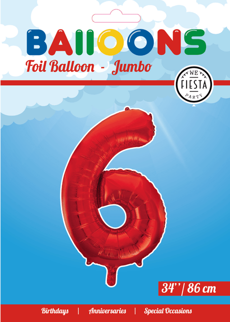 Folie Ballon Cijfer 6 Rood XL 86cm leeg van WeFiesta koop je bij Partywinkel