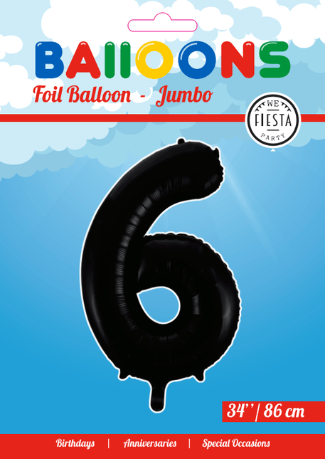 Folie Ballon Cijfer 6 Zwart XL 86cm leeg van WeFiesta koop je bij Partywinkel