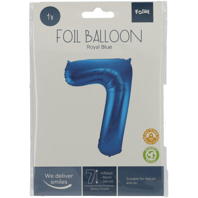 Folie Ballon Cijfer 7 Blauw Metallic XL 86cm leeg van Folat koop je bij Partywinkel