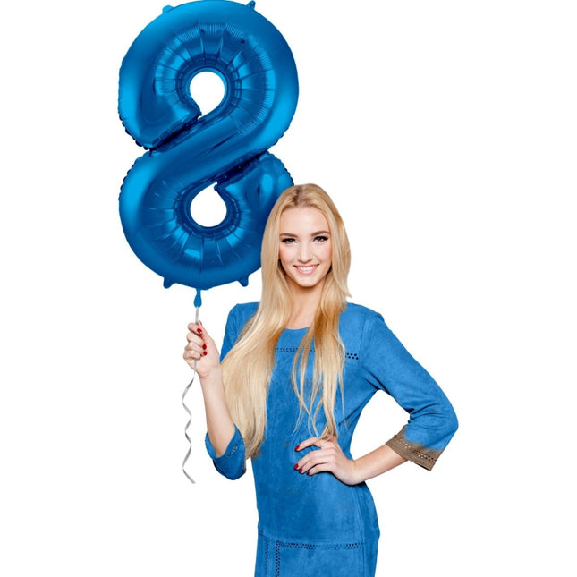 Folie Ballon Cijfer 8 Blauw Metallic XL 86cm leeg van Folat koop je bij Partywinkel