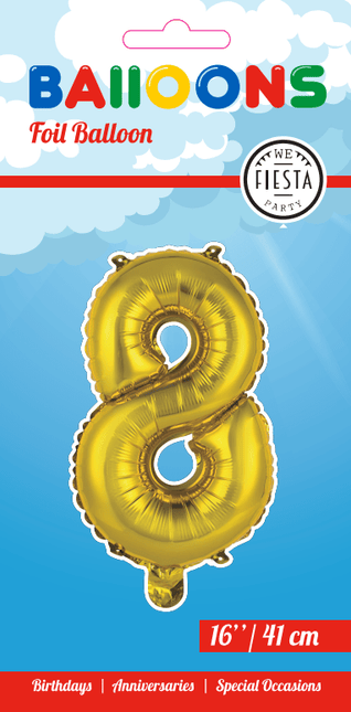 Folie Ballon Cijfer 8 Goud 41cm met Rietje van WeFiesta koop je bij Partywinkel