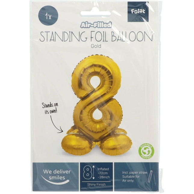 Folie Ballon Cijfer 8 Goud met standaard 72cm van Folat koop je bij Partywinkel