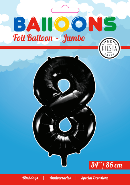 Folie Ballon Cijfer 8 Zwart XL 86cm leeg van WeFiesta koop je bij Partywinkel