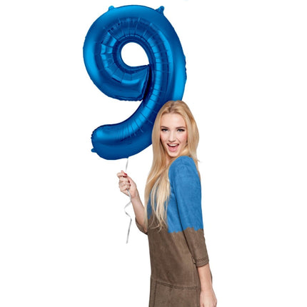 Folie Ballon Cijfer 9 Blauw Metallic XL 86cm leeg van Folat koop je bij Partywinkel