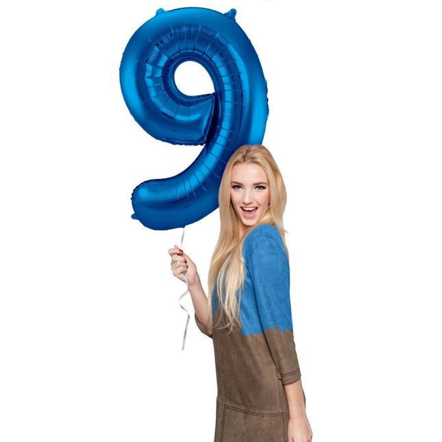 Folie Ballon Cijfer 9 Blauw Metallic XL 86cm leeg van Folat koop je bij Partywinkel