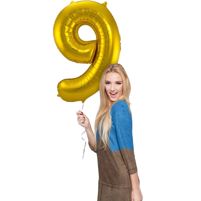 Folie Ballon Cijfer 9 Goud Metallic XL 86cm leeg van Folat koop je bij Partywinkel