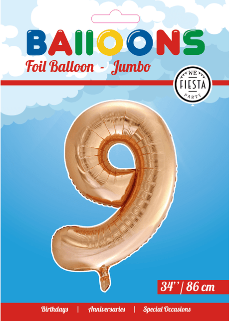 Folie Ballon Cijfer 9 Rose Goud XL 86cm leeg van WeFiesta koop je bij Partywinkel