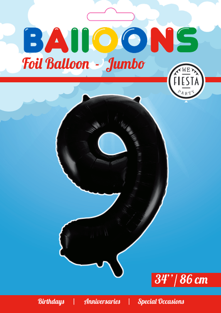 Folie Ballon Cijfer 9 Zwart XL 86cm leeg van WeFiesta koop je bij Partywinkel