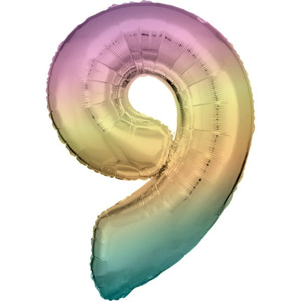 Folieballon – Cijfer 9 – Rainbow Pastel – 89 x 60 cm van Riethmueller koop je bij Partywinkel