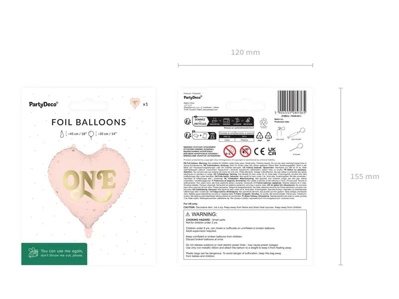 Folieballon Hart ''One'', 45 cm, lichtroze van Partydeco koop je bij Partywinkel