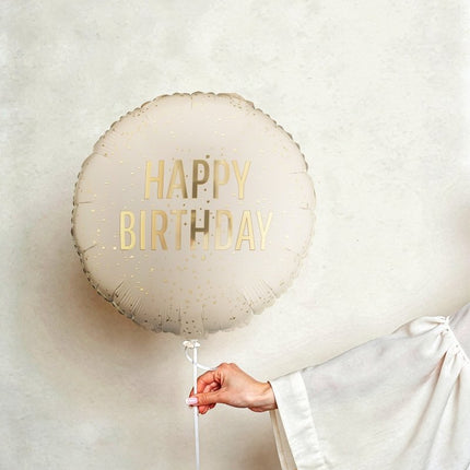 Folieballon rond Happy Birthday, 35x35 cm, crème Leeg van Partydeco koop je bij Partywinkel