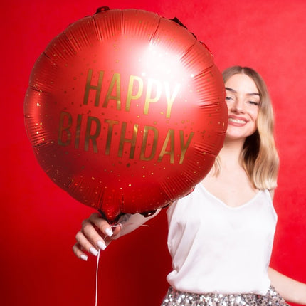 Folieballon rond Happy Birthday, 35x35 cm, donkerrood Leeg van Partydeco koop je bij Partywinkel