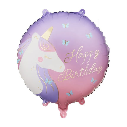 Folieballon rond Happy Birthday met eenhoorn, 35x35 cm, mix van Partydeco koop je bij Partywinkel