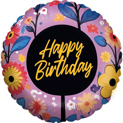 Happy Birthday Helium Balloon, Purple Flowers, Empty, 45 cm