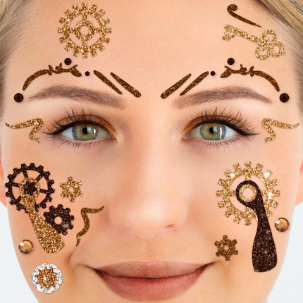 Brown Fake Tattoos for the Face, Glitter, Steampunk, Brass