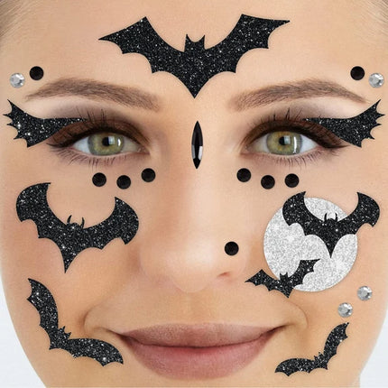 Bat Face Stickers, Black Glitter