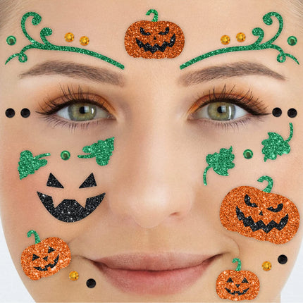 Green and Orange Fake Tattoos for the Face with Glitter and a Pumpkin