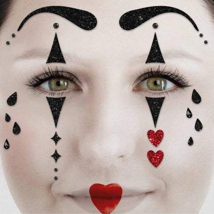 Harlequin Face Stickers: Black, Red, Glitter