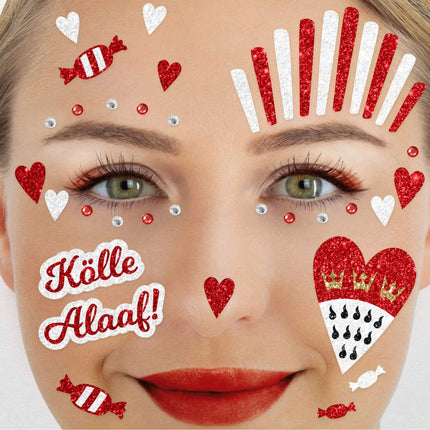 Red and White Fake Tattoos for the Face, Glitter, Kölle, Alaaf