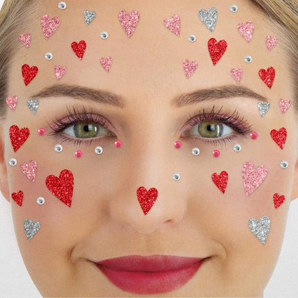Red, Pink, Fake Tattoos, Face, Glitter, Hearts