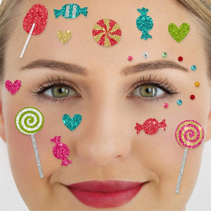 Colored Fake Tattoos, Face Glitter, Candies, 21st