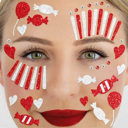 Red and White Fake Tattoos for the Face, Glitter Clown