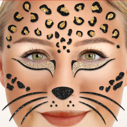Brown and Black Fake Tattoos: Face, Glitter, Panther