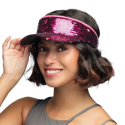 Fuchsia Zonneklep Pailletten van Boland koop je bij Partywinkel