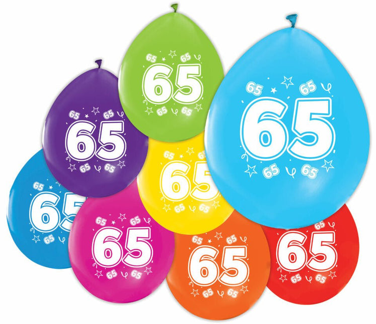 Gekleurde Ballonnen 65 Jaar 30cm 8st van WeFiesta koop je bij Partywinkel