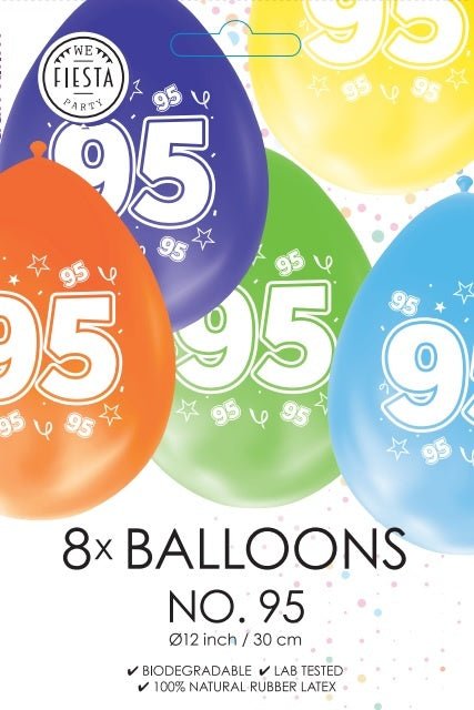 Gekleurde Ballonnen 95 Jaar 30cm 8st van WeFiesta koop je bij Partywinkel
