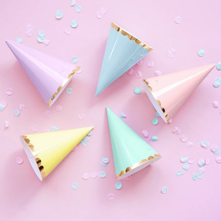 Gekleurde Feesthoedjes Pastel 16cm 6st van Partydeco koop je bij Partywinkel