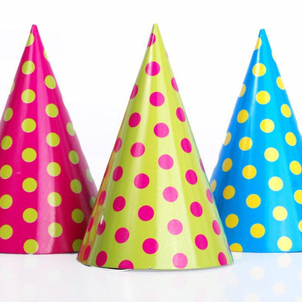 Gekleurde Feesthoedjes Stippen 16cm 6st van Partydeco koop je bij Partywinkel