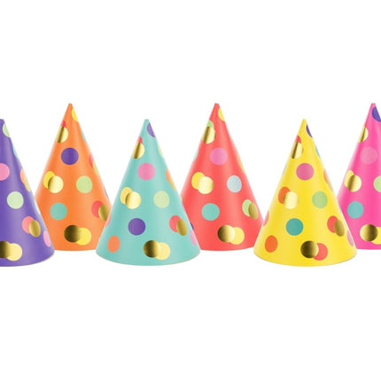Gekleurde Feesthoedjes Stippen XL 16cm 6st van Partydeco koop je bij Partywinkel