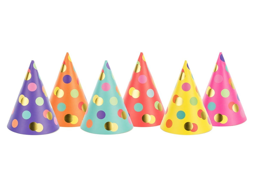 Gekleurde Feesthoedjes Stippen XL 16cm 6st van Partydeco koop je bij Partywinkel