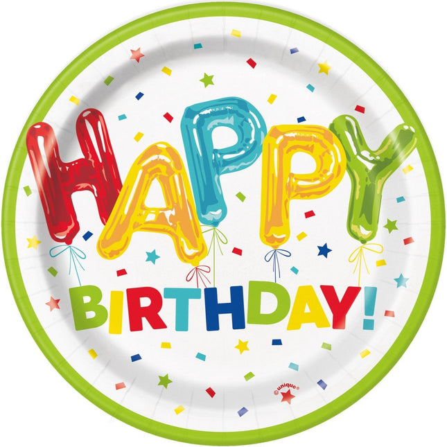 Gekleurde Happy Birthday Borden 18cm 8st van Unique koop je bij Partywinkel