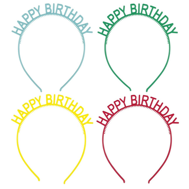 Gekleurde Happy Birthday Haarband 4st van Unique koop je bij Partywinkel
