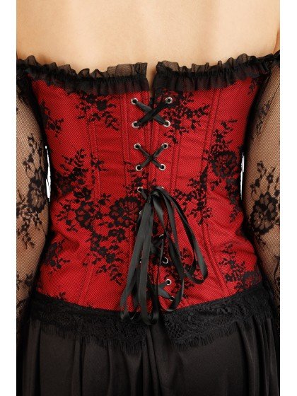 Gothic Korset Dames Rood Zwart Met Kanten Mouwen van CHAKS koop je bij Partywinkel