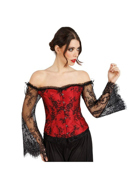 Gothic Korset Dames Rood Zwart Met Kanten Mouwen van CHAKS koop je bij Partywinkel