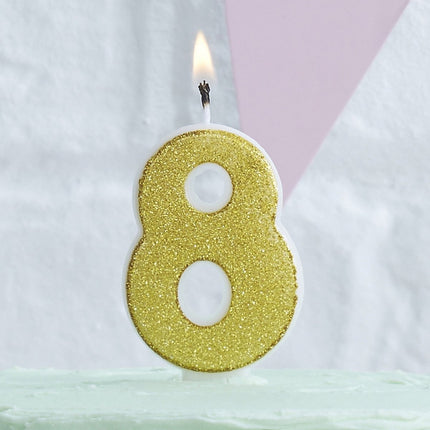 Gouden Kaars 8 Jaar Glitters 6cm van Ginger Ray koop je bij Partywinkel