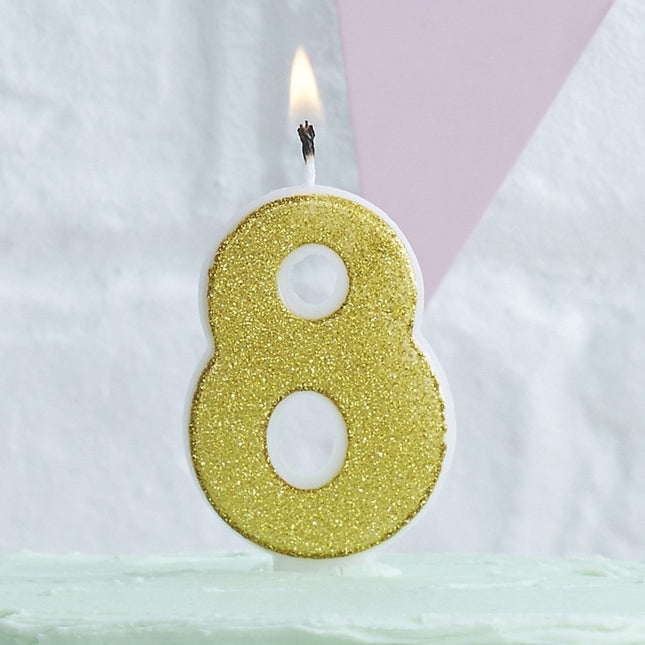 Gouden Kaars 8 Jaar Glitters 6cm van Ginger Ray koop je bij Partywinkel