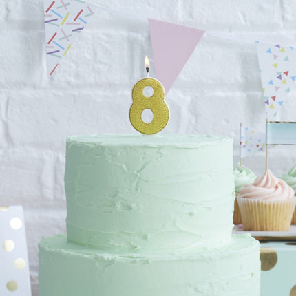 Gouden Kaars 8 Jaar Glitters 6cm van Ginger Ray koop je bij Partywinkel