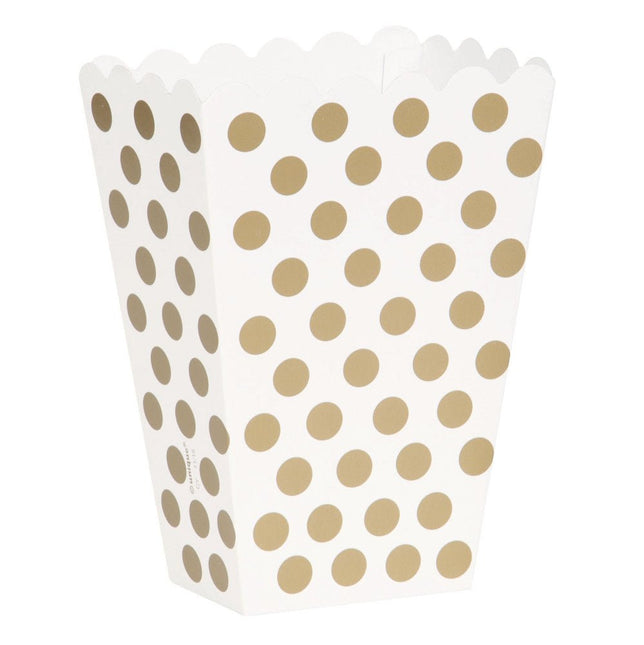 Gouden Popcorn Bakjes Witte Stippen 13,7cm 8st van Unique koop je bij Partywinkel