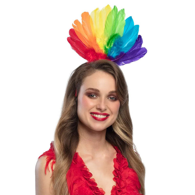 Haarband Regenboog Veren van Boland koop je bij Partywinkel