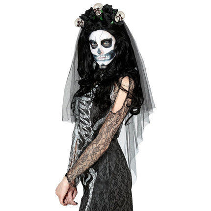 Halloween Haarband Bruidsluier Schedel En Roos van Widmann koop je bij Partywinkel