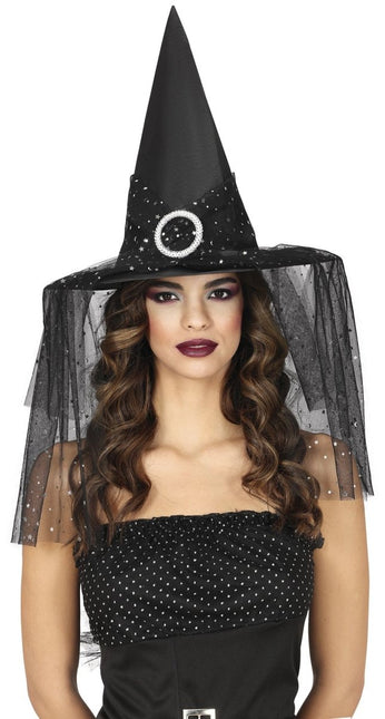 Halloween Heksenhoed Met Sluier En Sterren van Fiestas Guirca koop je bij Partywinkel