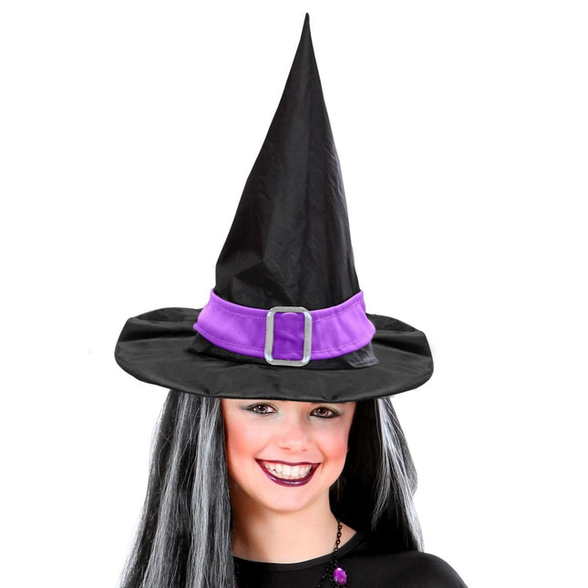 Halloween Heksenhoed Zwart Paars Met Riem van Widmann koop je bij Partywinkel