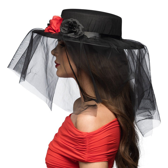Halloween Hoed Zwart Rood Bloemen van Boland koop je bij Partywinkel
