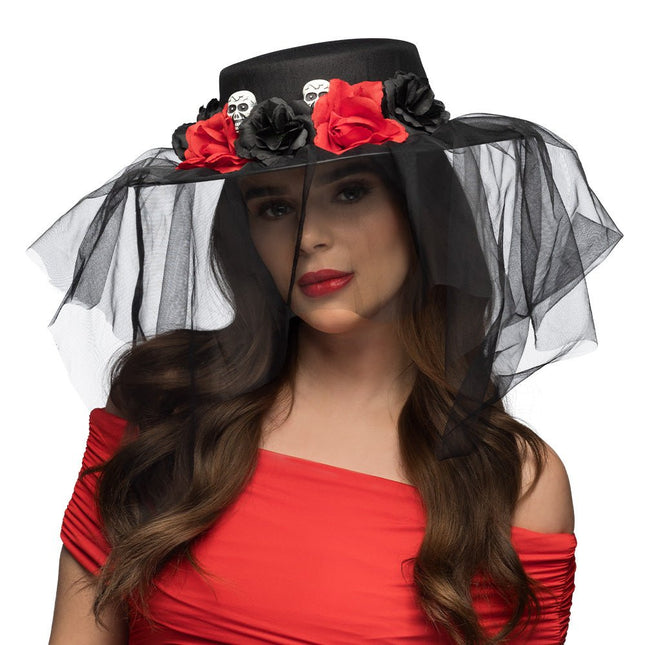 Halloween Hoed Zwart Rood Bloemen van Boland koop je bij Partywinkel