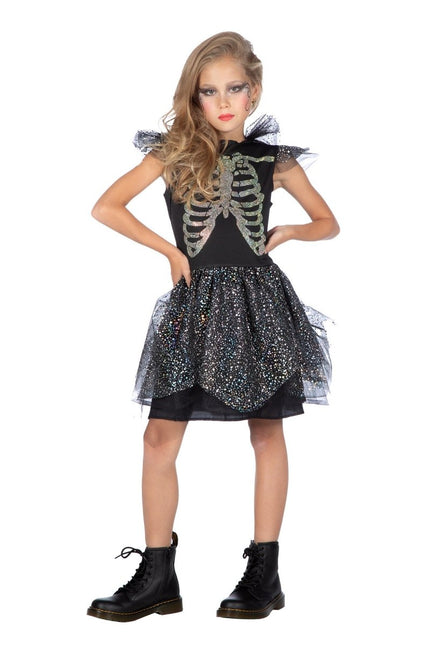 Halloween Jurk Meisje Skelet Met Steentjes van Wilbers & Wilbers koop je bij Partywinkel