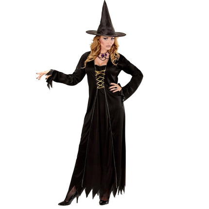 Halloween Kostuum Zwart Goud Dames Heks 2 delig van Widmann koop je bij Partywinkel